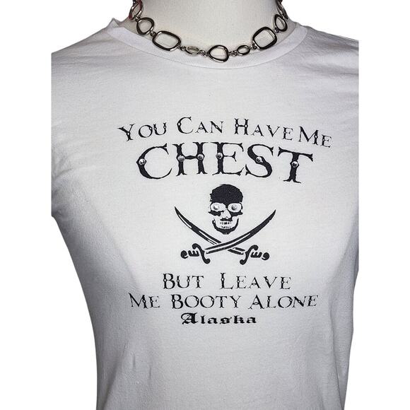 Y2k White Sassy Cute Flirt Pirate Alaska Rhinestone Bling Baby Slim T-Shirt Tee - Picture 2 of 4